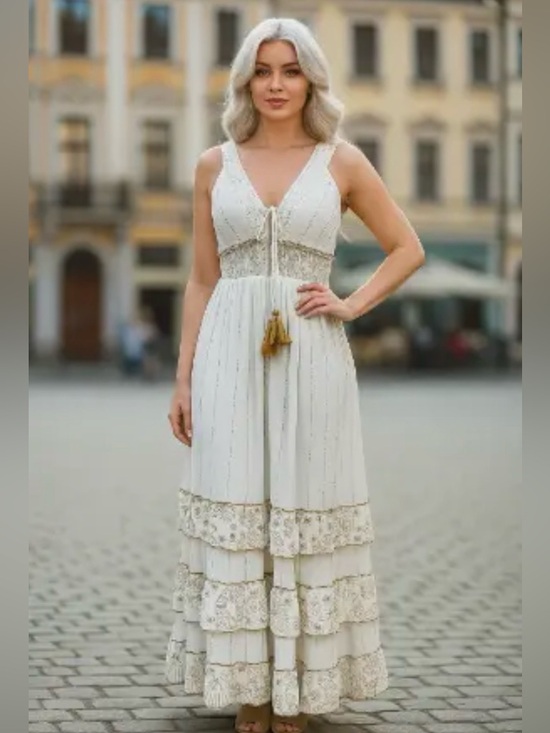 Dresses & Skirts - 26401 Bohemian Lace Tiered Maxi Dress in Cream